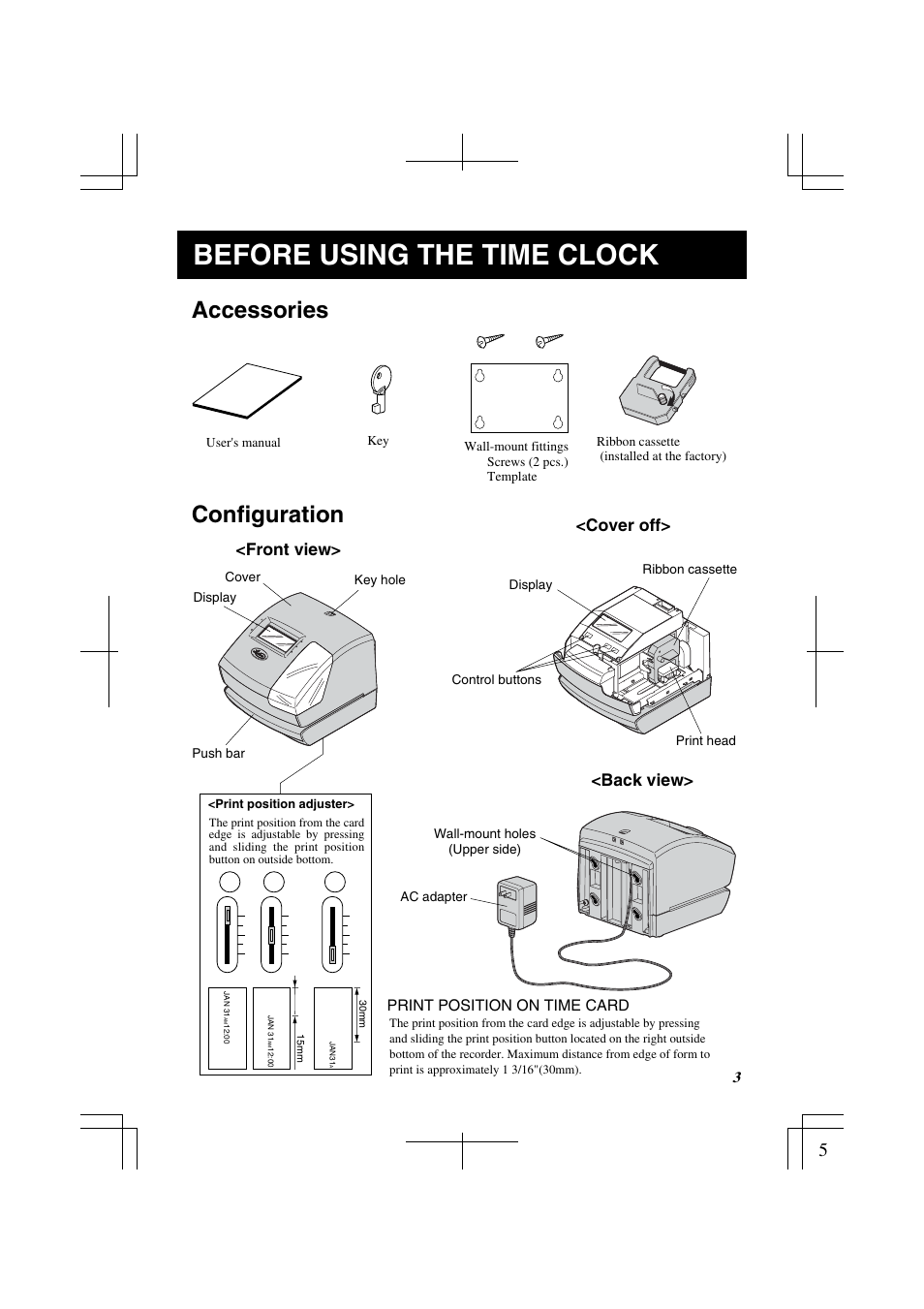 Before using the time clock, Accessories configuration, Back view> <cover off> <front view | Lathem 1500E User Manual | Page 5 / 36