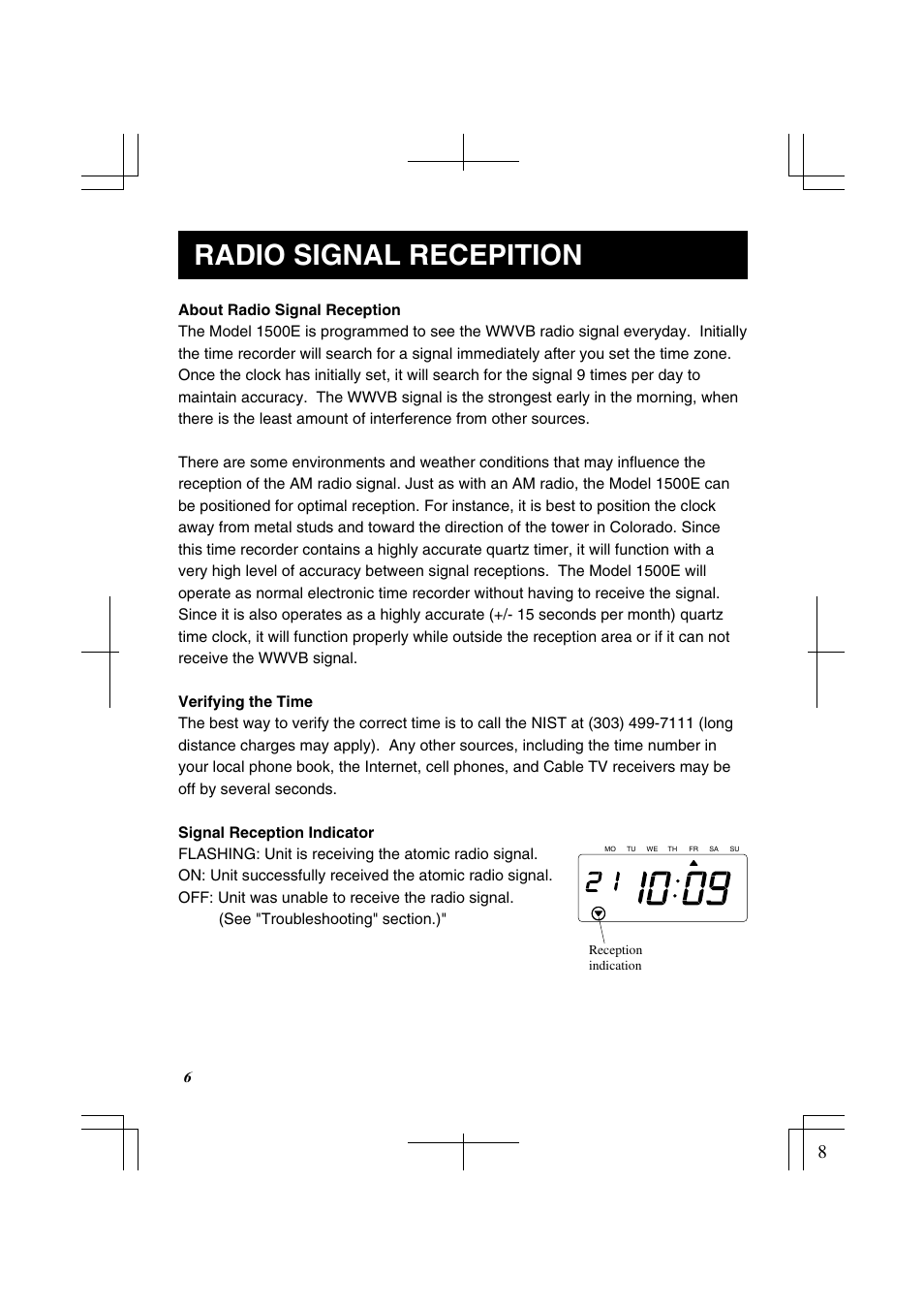 Radio signal recepition | Lathem 1500E User Manual | Page 8 / 36