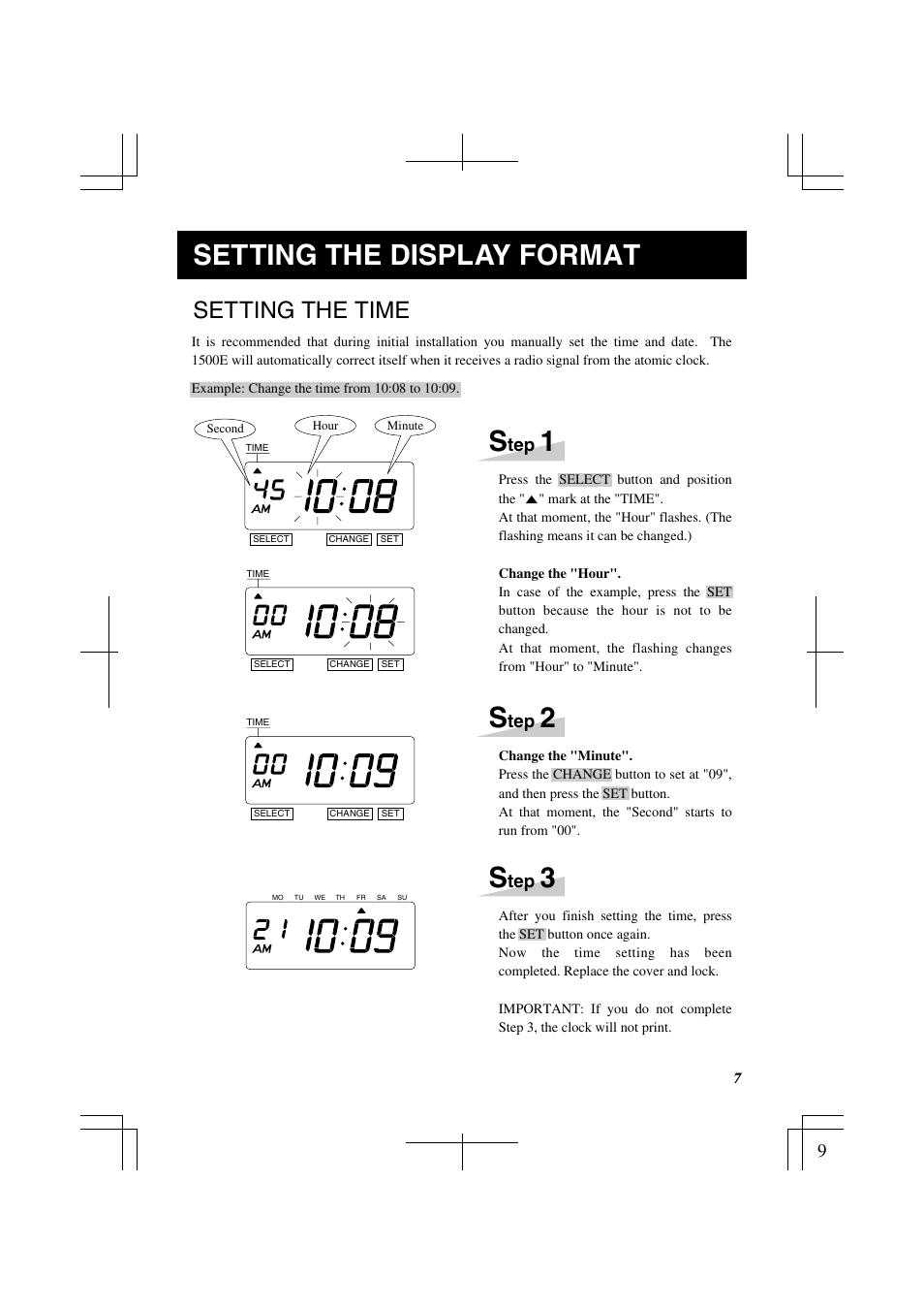 Setting the display format, Setting the time | Lathem 1500E User Manual | Page 9 / 36