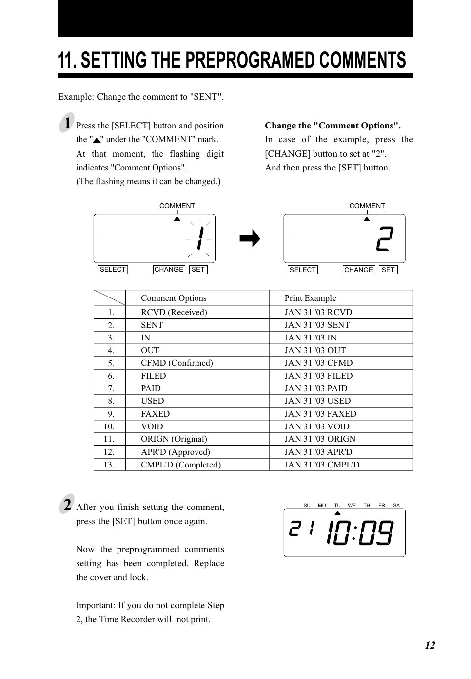 Setting the preprogramed comments | Lathem 5000E Plus User Manual | Page 17 / 62