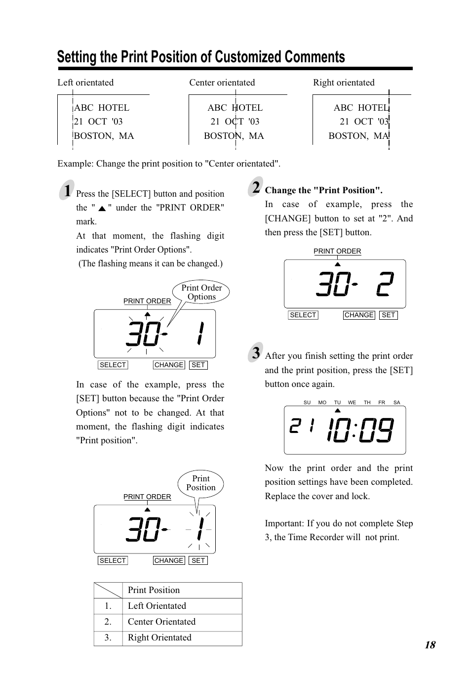 Setting the print position of customized comments | Lathem 5000E Plus User Manual | Page 23 / 62