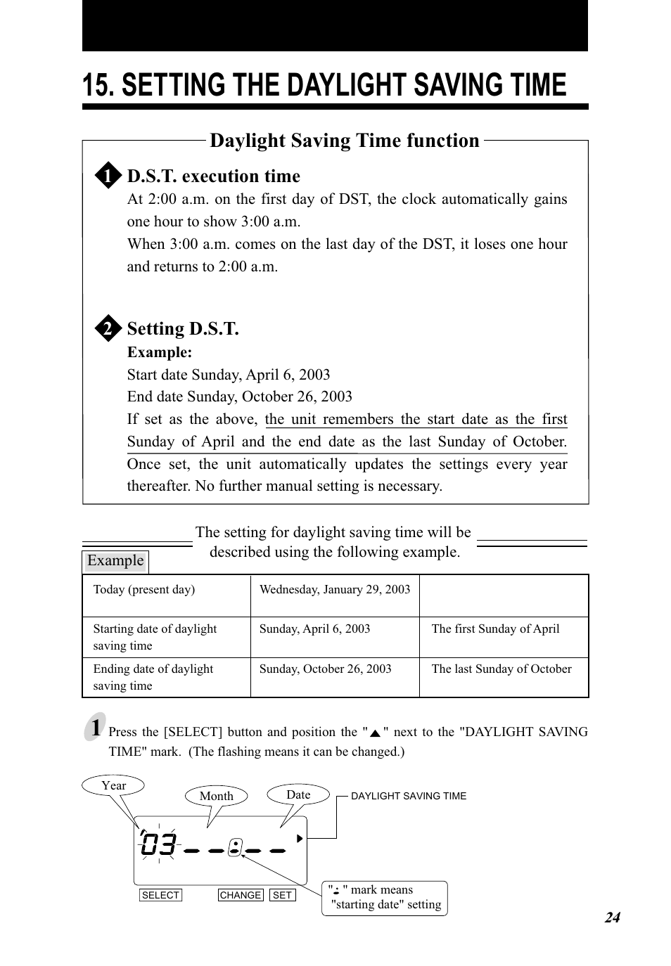 Setting the daylight saving time, Daylight saving time function, D.s.t. execution time | Setting d.s.t | Lathem 5000E Plus User Manual | Page 29 / 62
