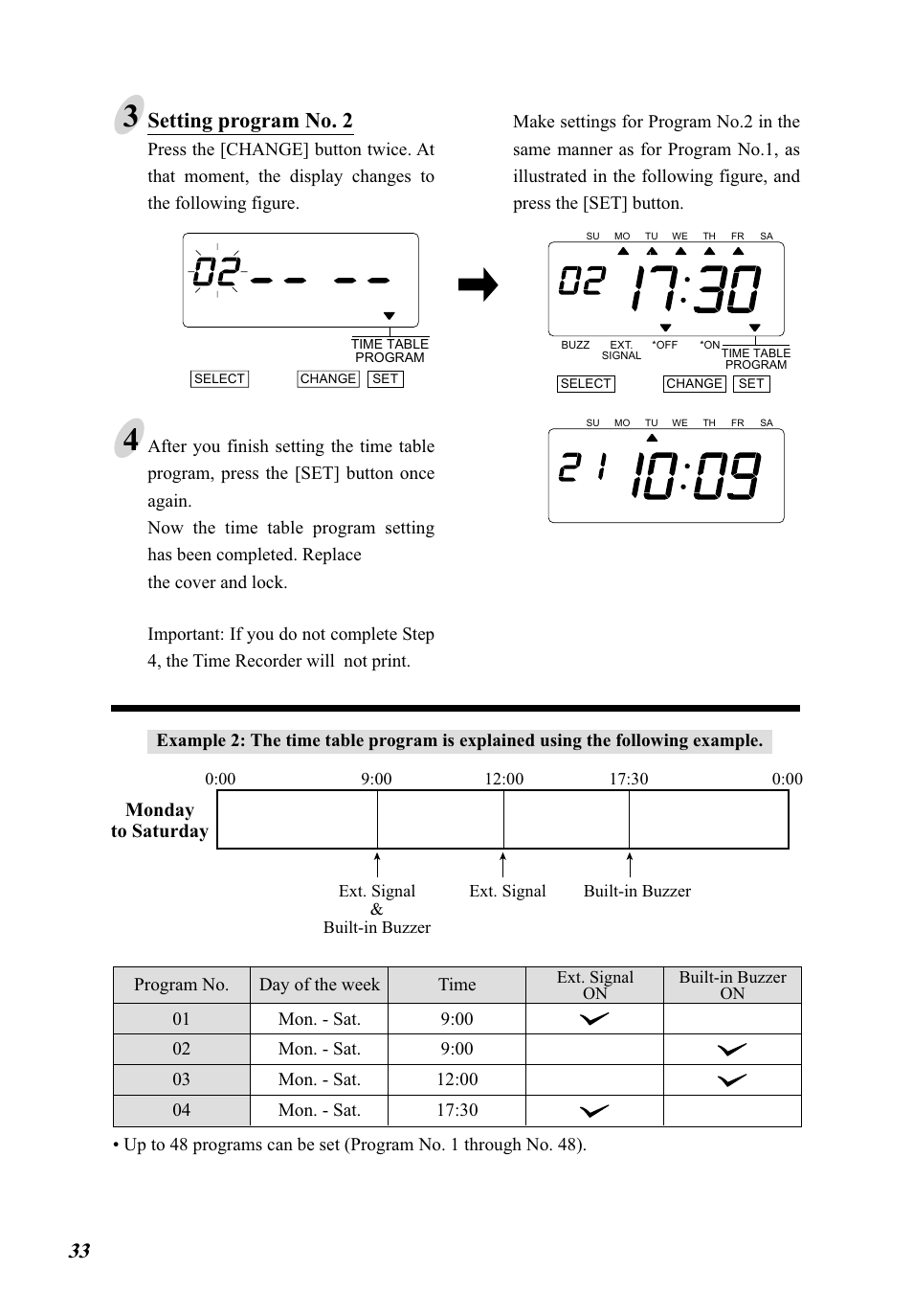 Setting program no. 2, Monday to saturday | Lathem 5000E Plus User Manual | Page 38 / 62