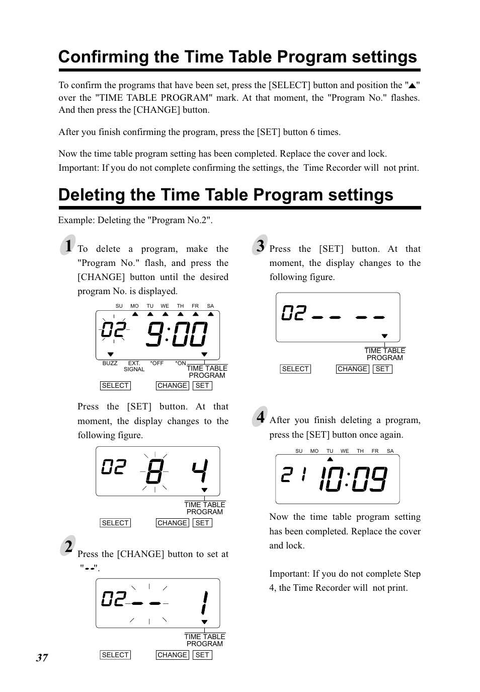 Confirming the time table program settings, Deleting the time table program settings 1 | Lathem 5000E Plus User Manual | Page 42 / 62