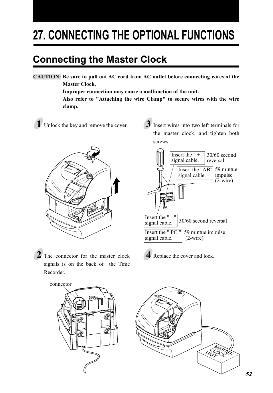 Connecting the optional functions, Connecting the master clock | Lathem 5000E Plus User Manual | Page 57 / 62