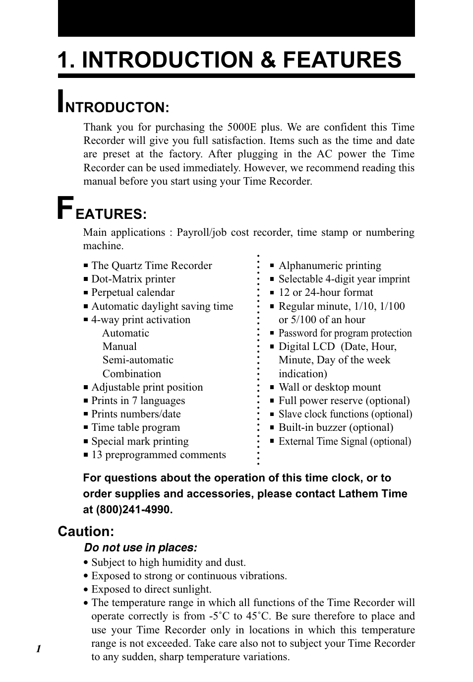 Introduction & features, Ntroducton, Eatures | Caution | Lathem 5000E Plus User Manual | Page 6 / 62