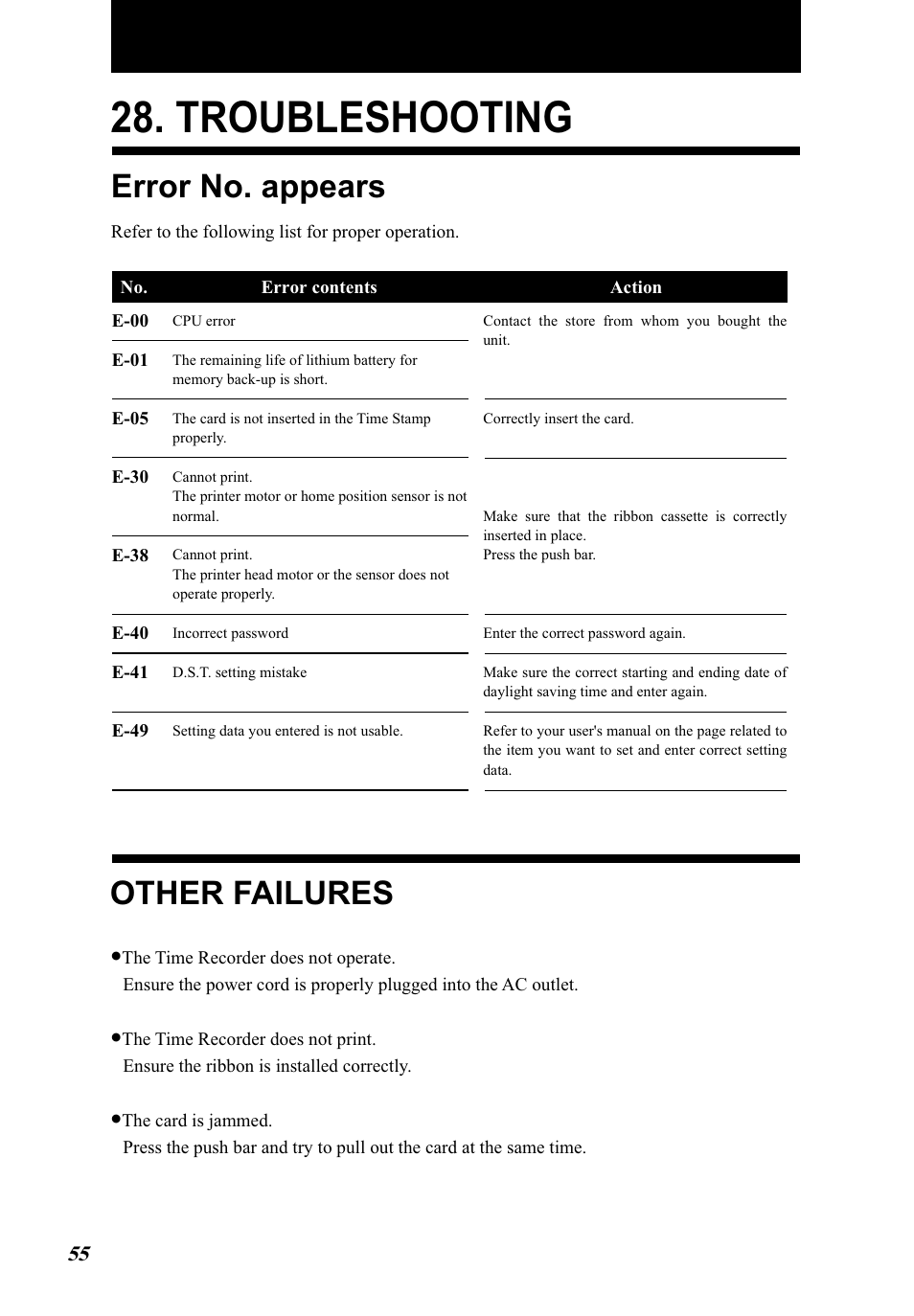 Troubleshooting, Error no. appears, Other failures | Lathem 5000E Plus User Manual | Page 60 / 62
