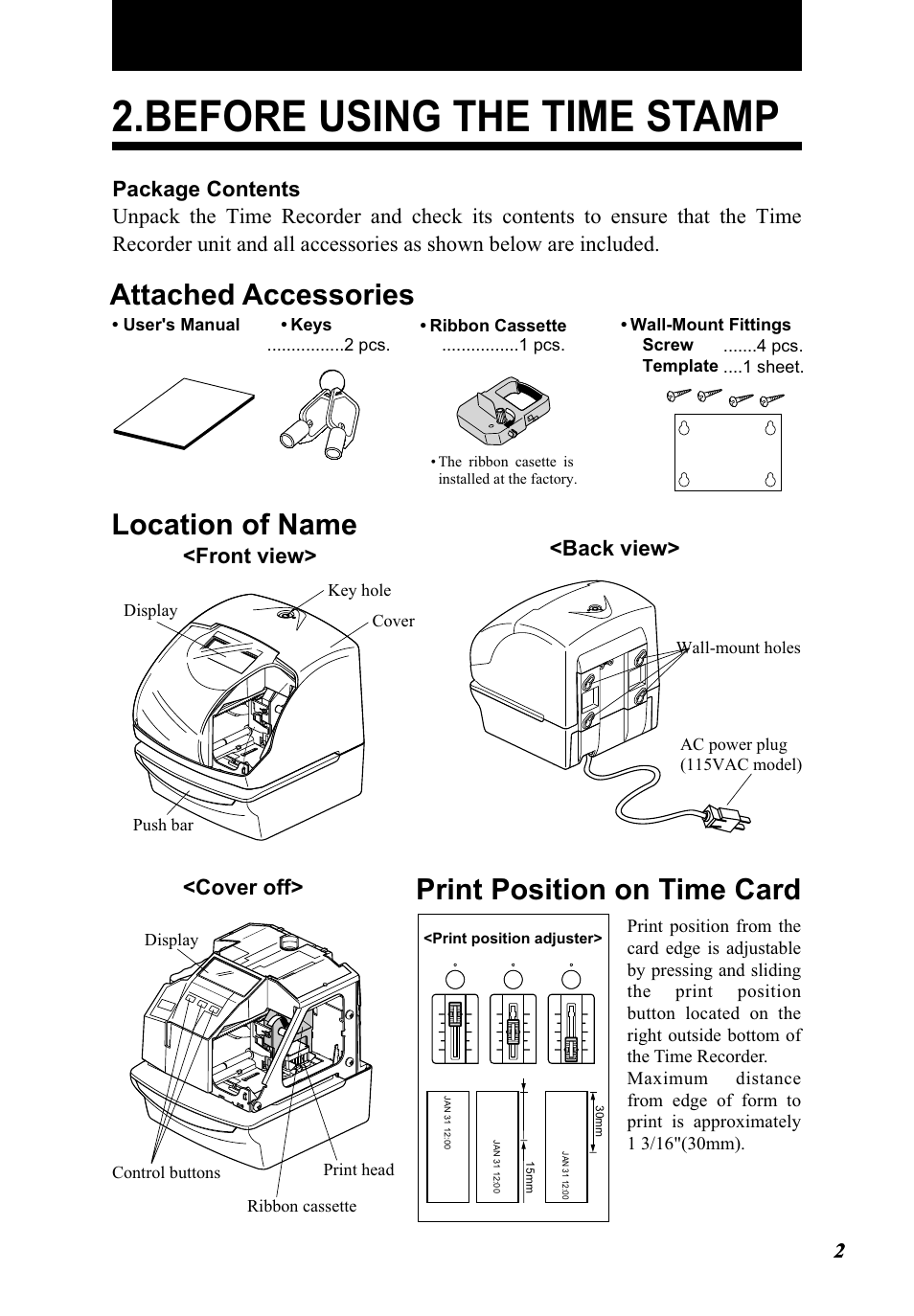 Before using the time stamp, Location of name, Attached accessories print position on time card | Back view, Front view> <cover off | Lathem 5000E Plus User Manual | Page 7 / 62