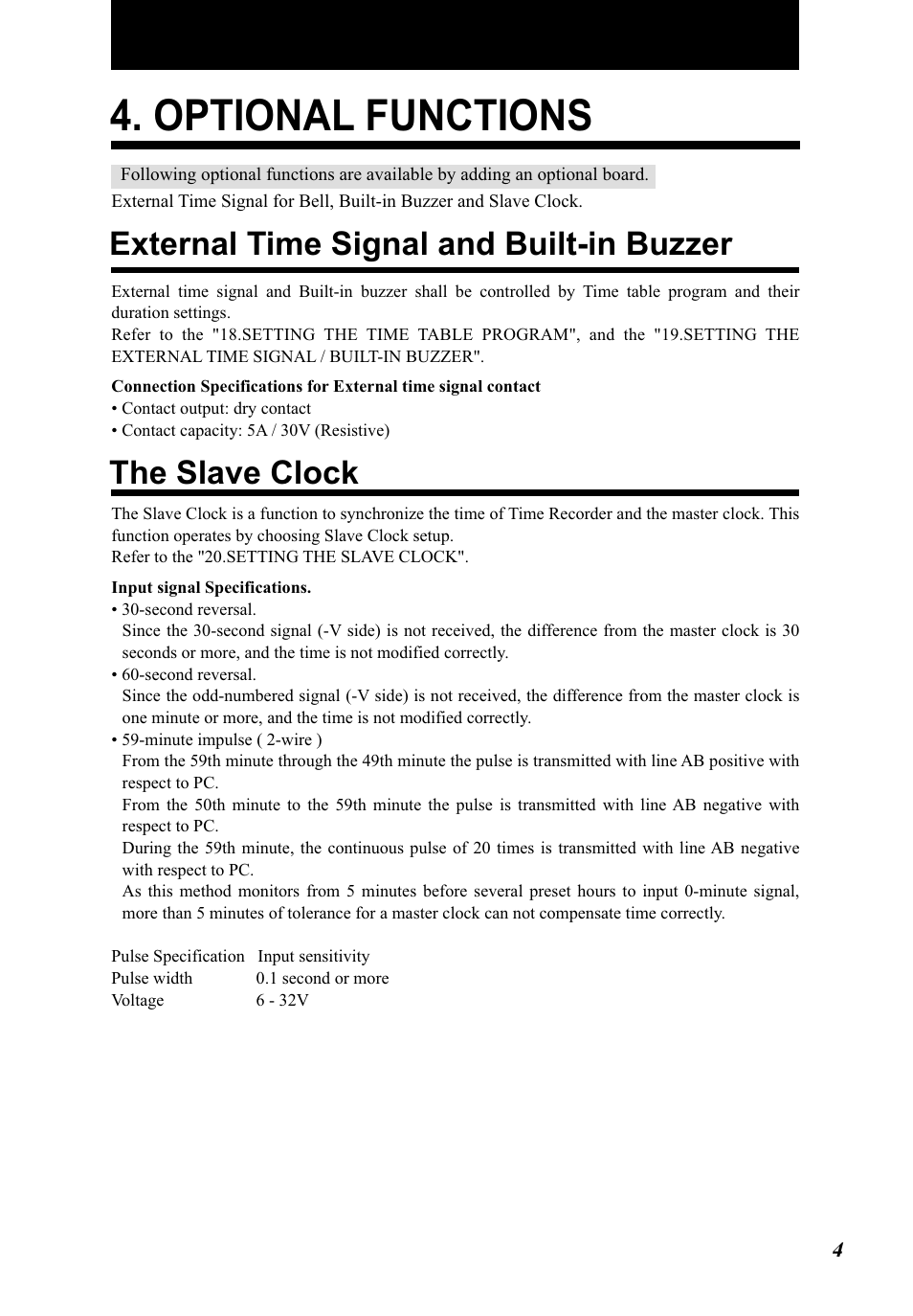 Optional functions, External time signal and built-in buzzer, The slave clock | Lathem 5000E Plus User Manual | Page 9 / 62