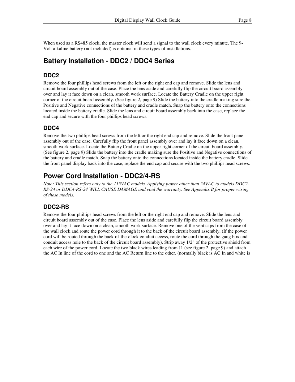 Battery installation - ddc2 / ddc4 series, Power cord installation - ddc2/4-rs | Lathem DDC2 User Manual | Page 14 / 63