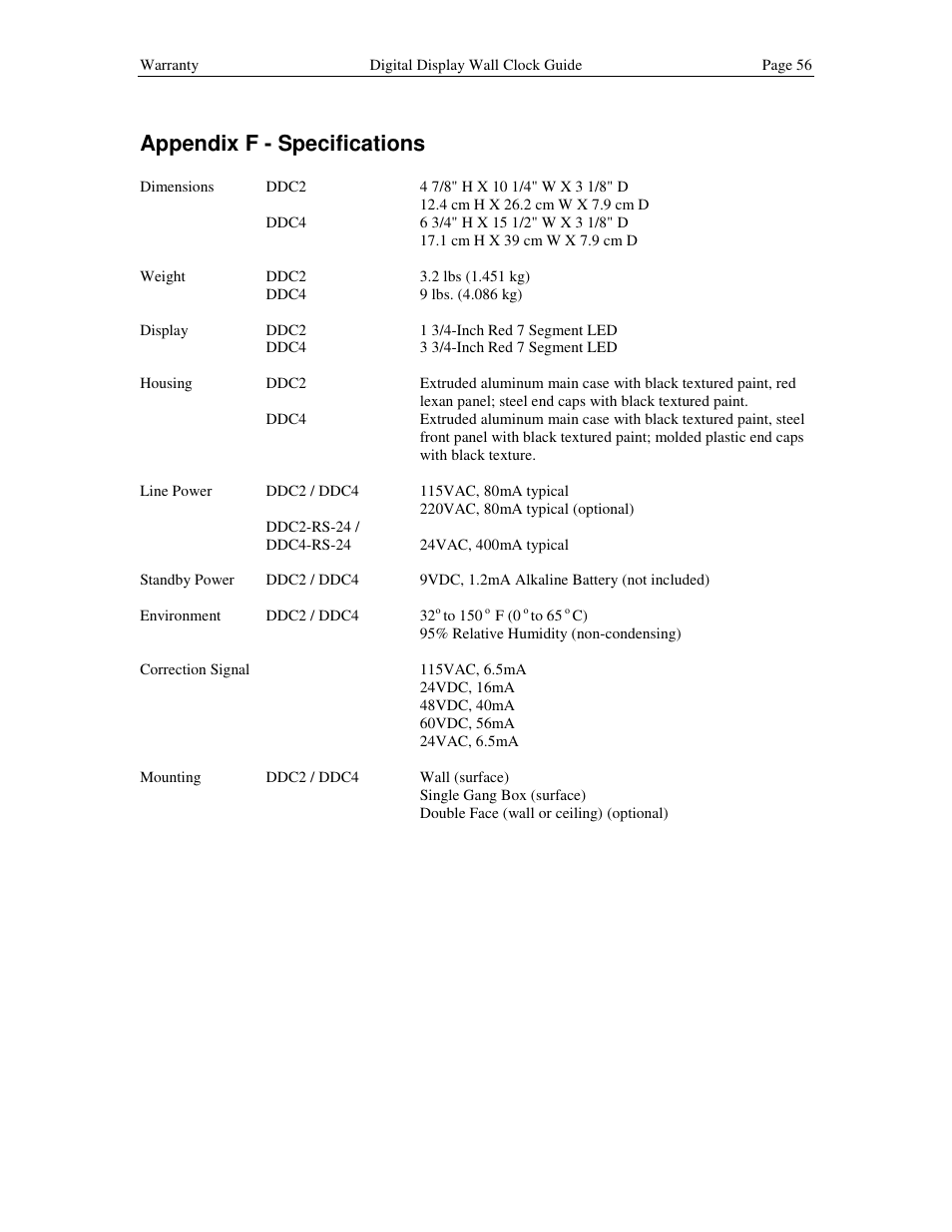 Appendix f - specifications | Lathem DDC2 User Manual | Page 62 / 63