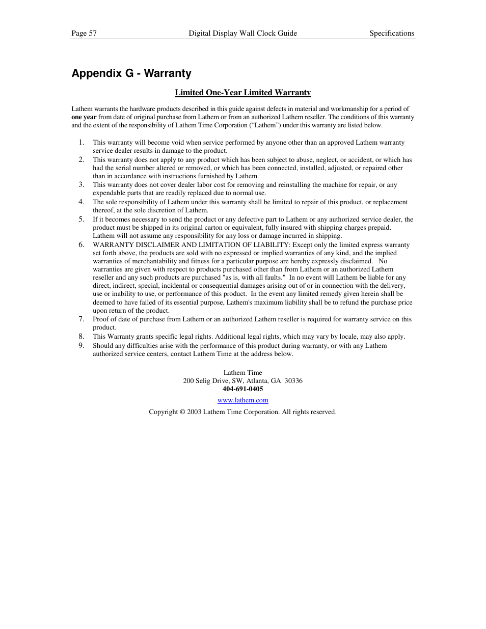 Appendix g - warranty | Lathem DDC2 User Manual | Page 63 / 63