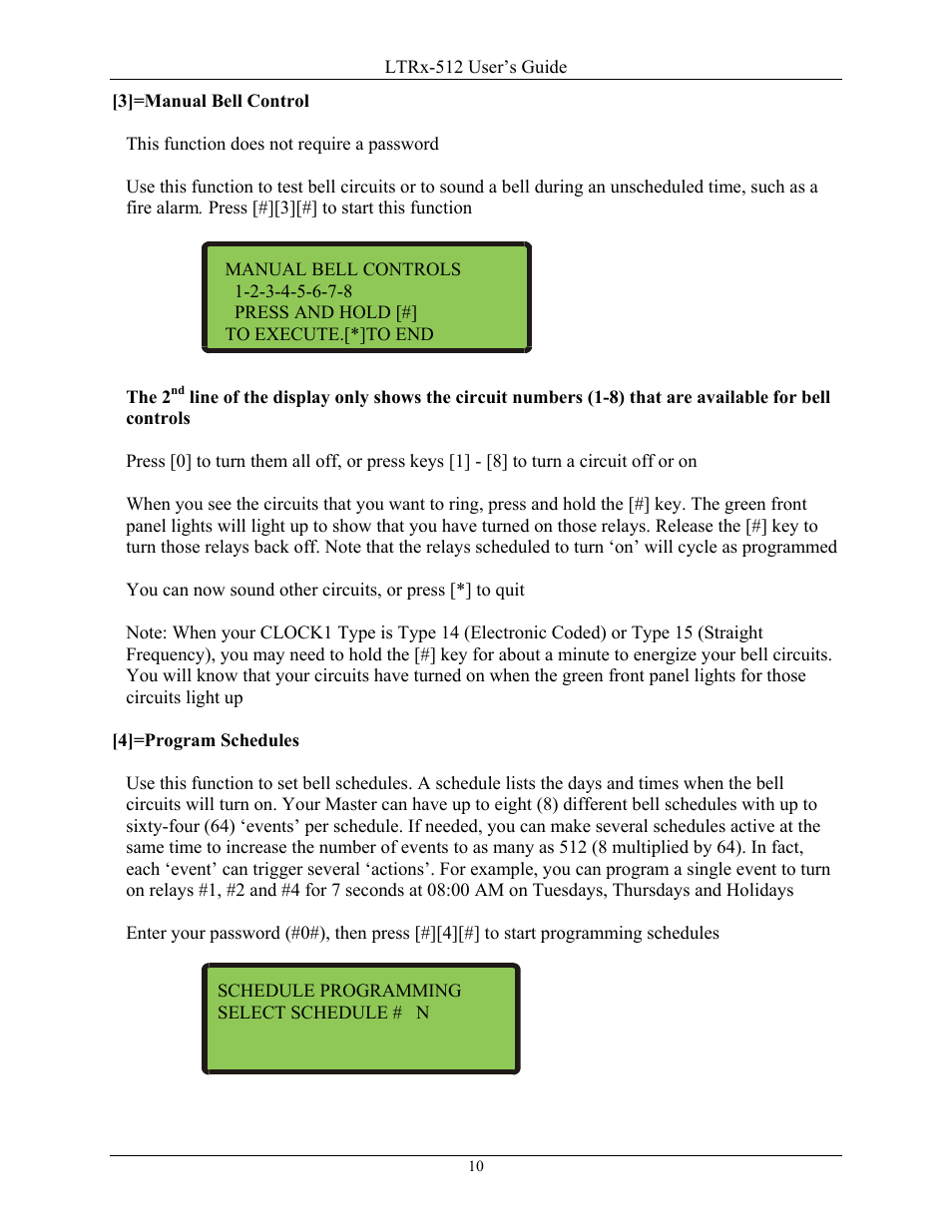 3]=manual bell control, 4]=program schedules | Lathem LTR8-512 User Manual | Page 10 / 23