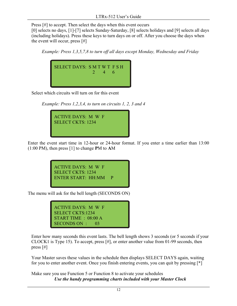 Select which circuits will turn on for this event | Lathem LTR8-512 User Manual | Page 12 / 23