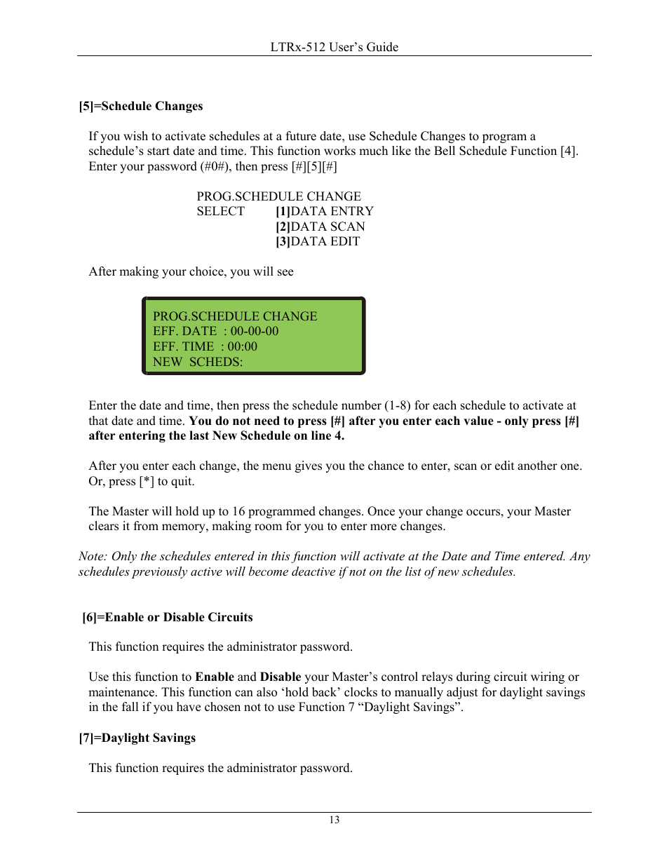 5]=schedule changes, 6]=enable or disable circuits, 7]=daylight savings | Lathem LTR8-512 User Manual | Page 13 / 23