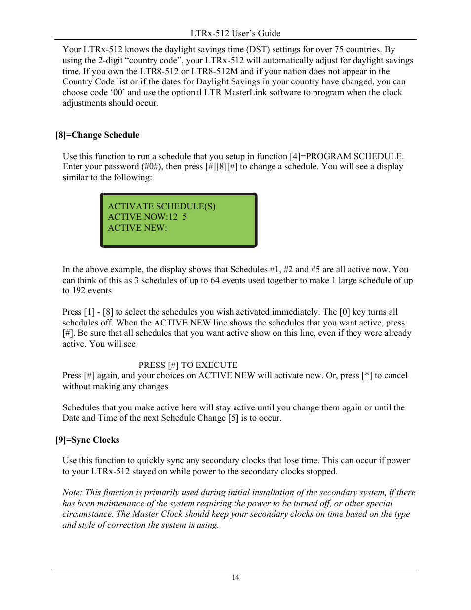 8]=change schedule, 9]=sync clocks | Lathem LTR8-512 User Manual | Page 14 / 23