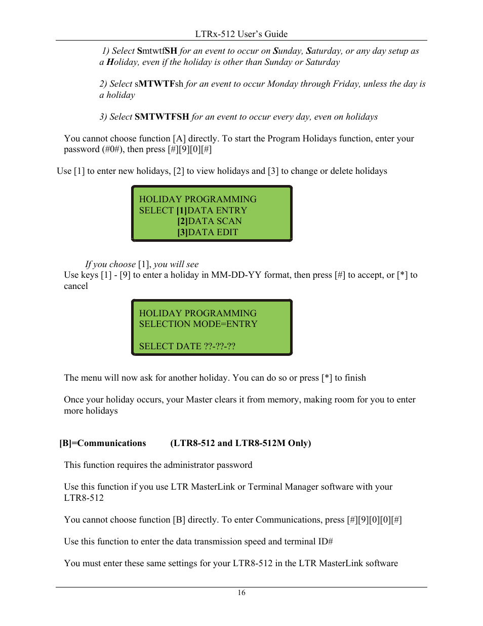 B]=communications (ltr8-512 and ltr8-512m only) | Lathem LTR8-512 User Manual | Page 16 / 23