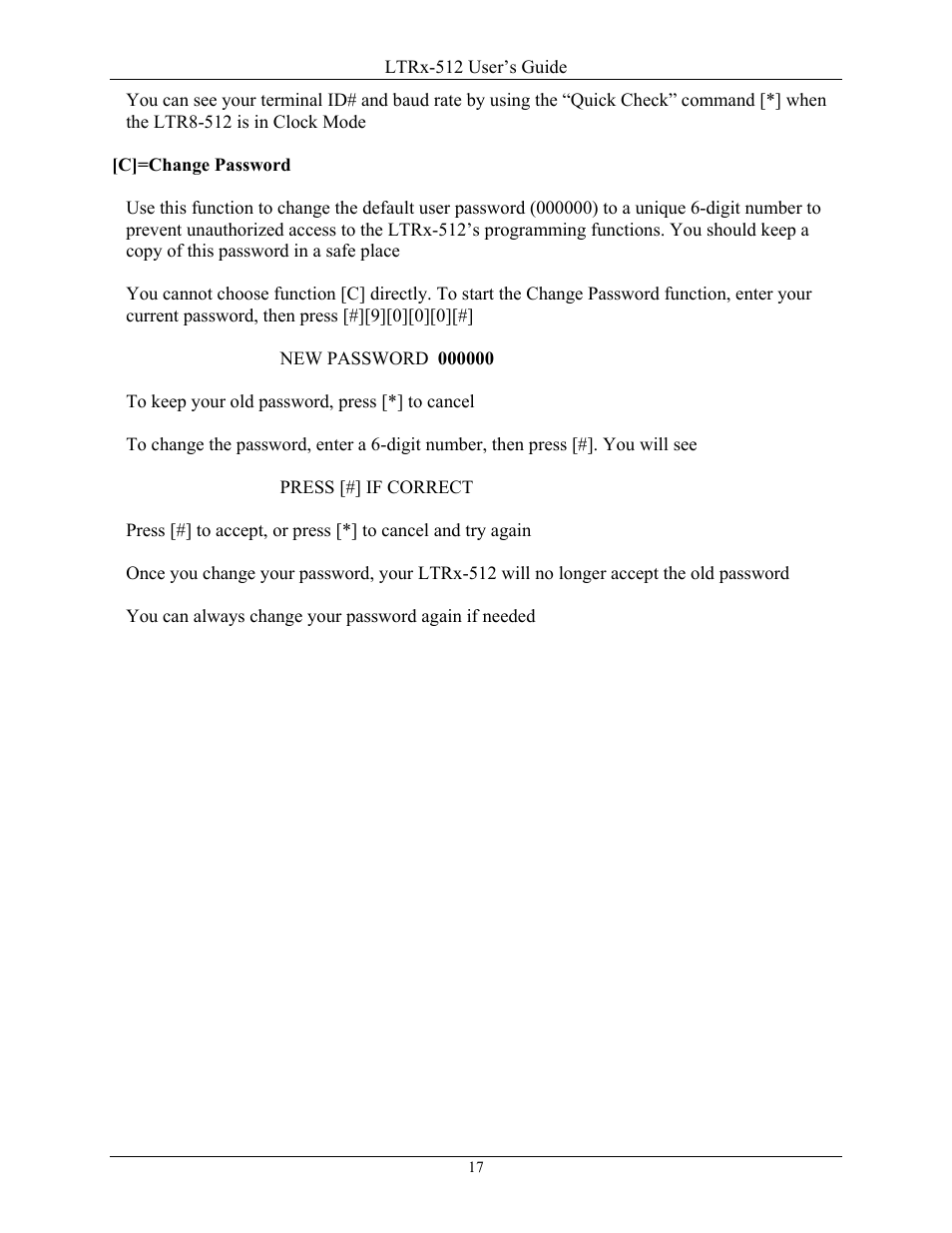 C]=change password | Lathem LTR8-512 User Manual | Page 17 / 23