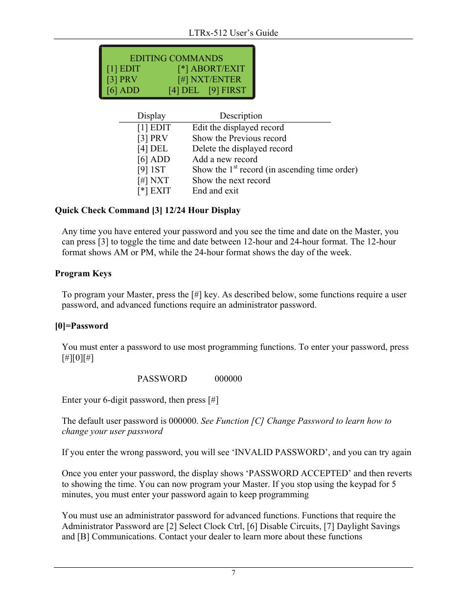 Quick check command [3] 12/24 hour display, Program keys, 0]=password | Lathem LTR8-512 User Manual | Page 7 / 23