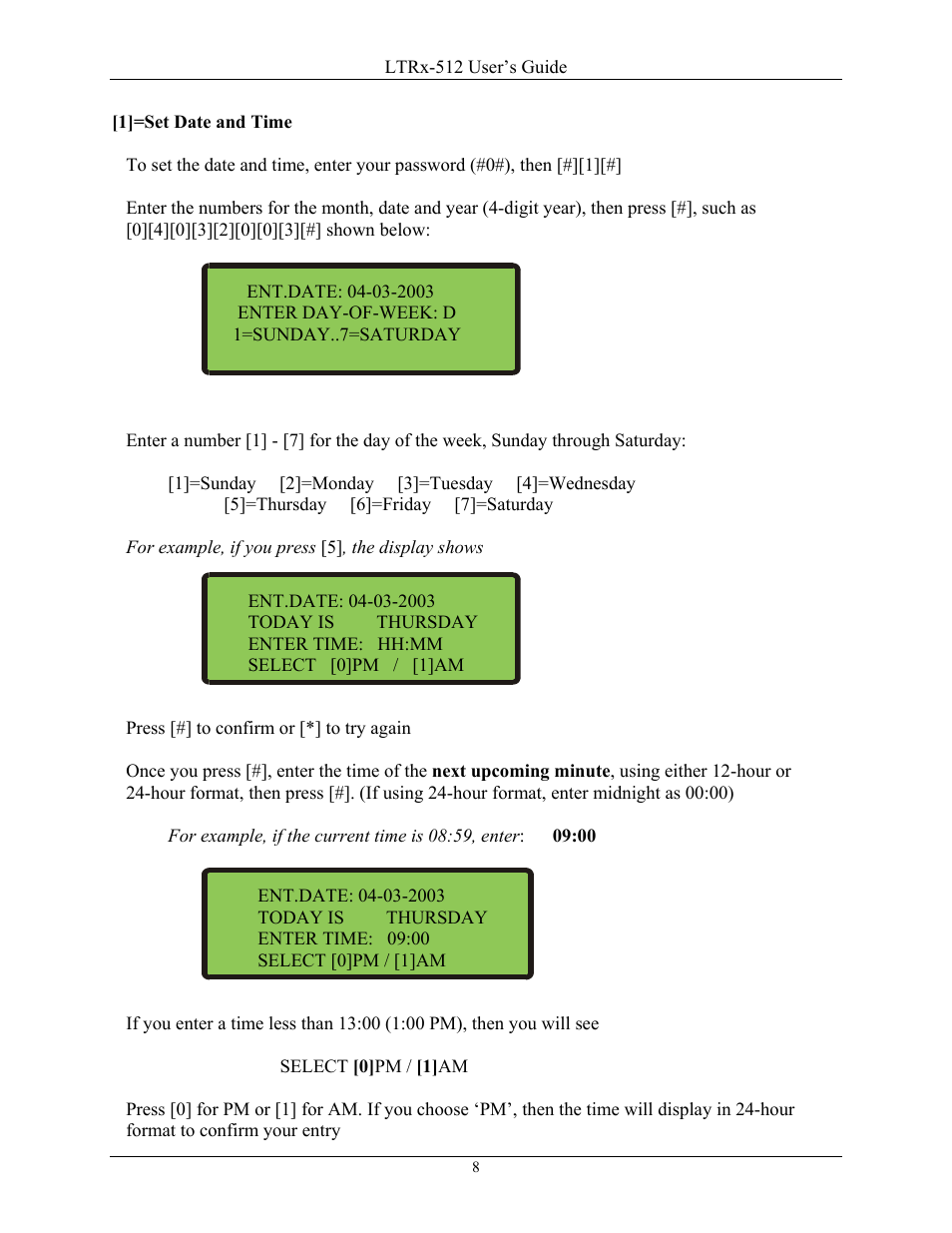 1]=set date and time | Lathem LTR8-512 User Manual | Page 8 / 23