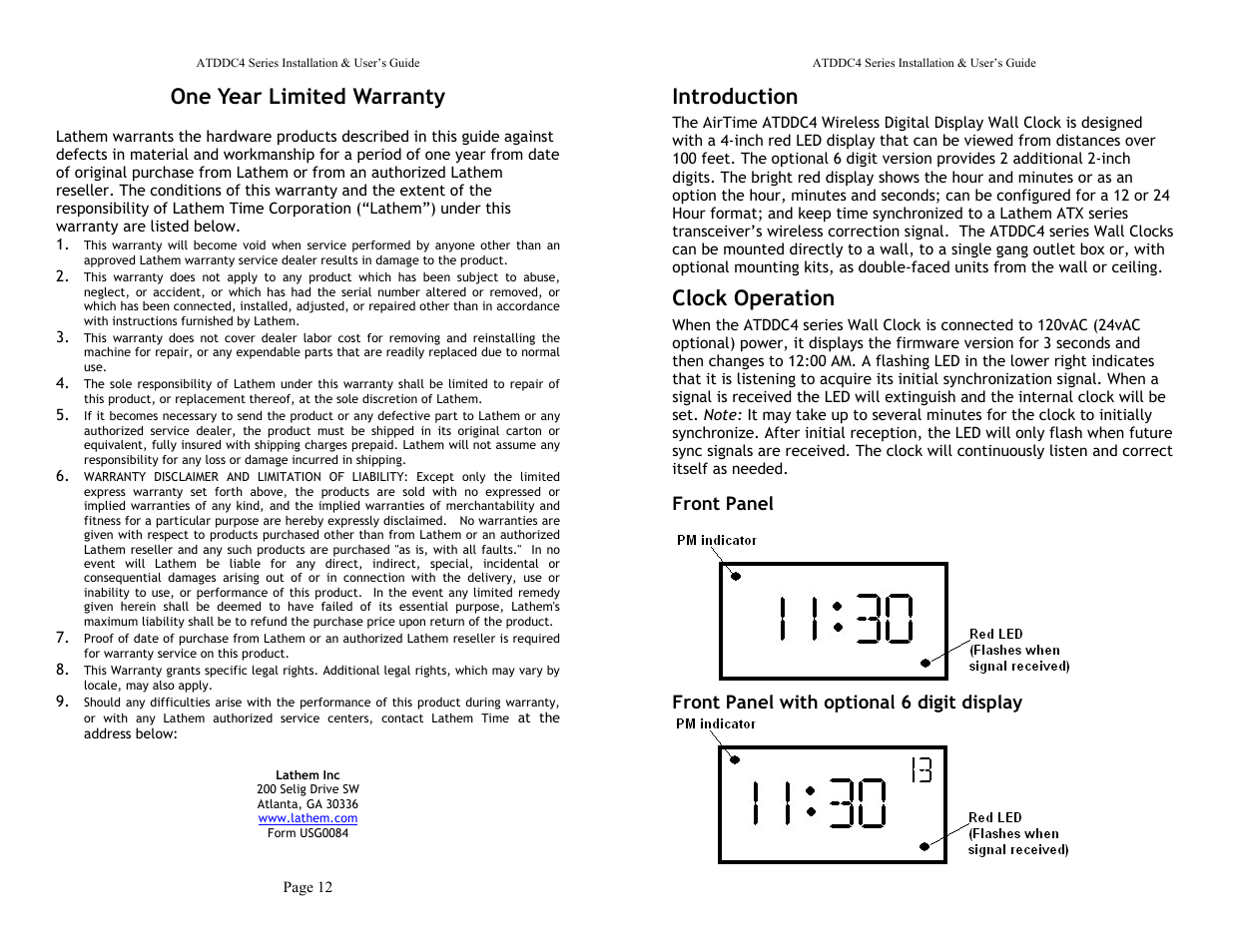 One year limited warranty, Introduction, Clock operation | Lathem ATDDC4 User Manual | Page 3 / 8