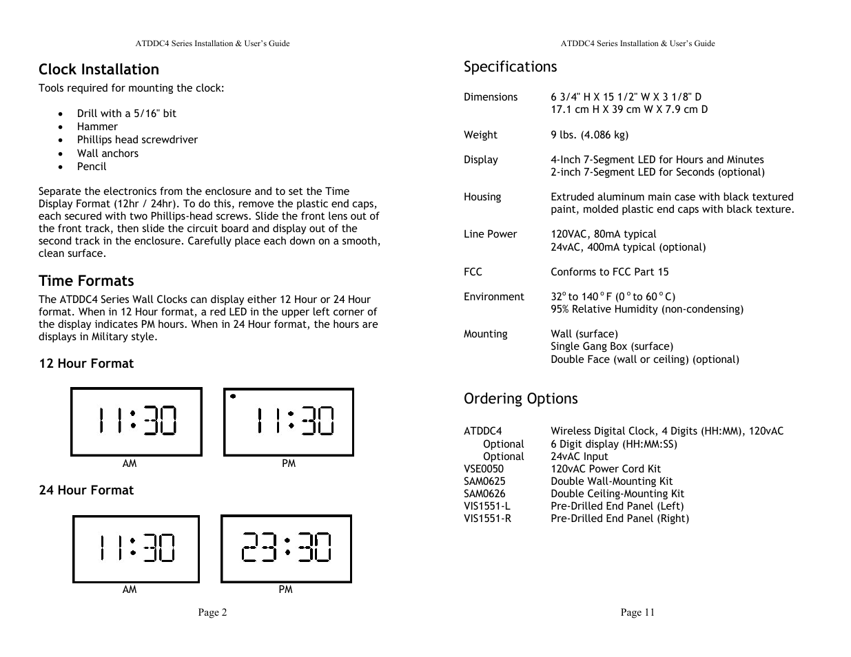 Clock installation, Time formats, Specifications | Ordering options | Lathem ATDDC4 User Manual | Page 4 / 8