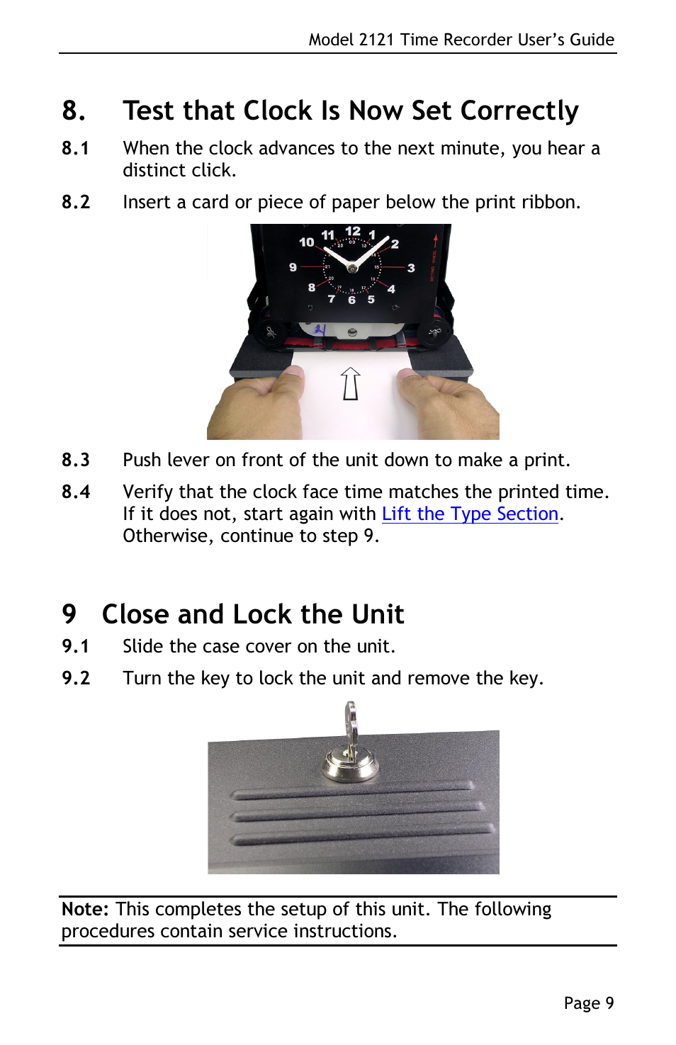Test that clock is now set correctly, 9 close and lock the unit | Lathem 2121 User Manual | Page 11 / 16