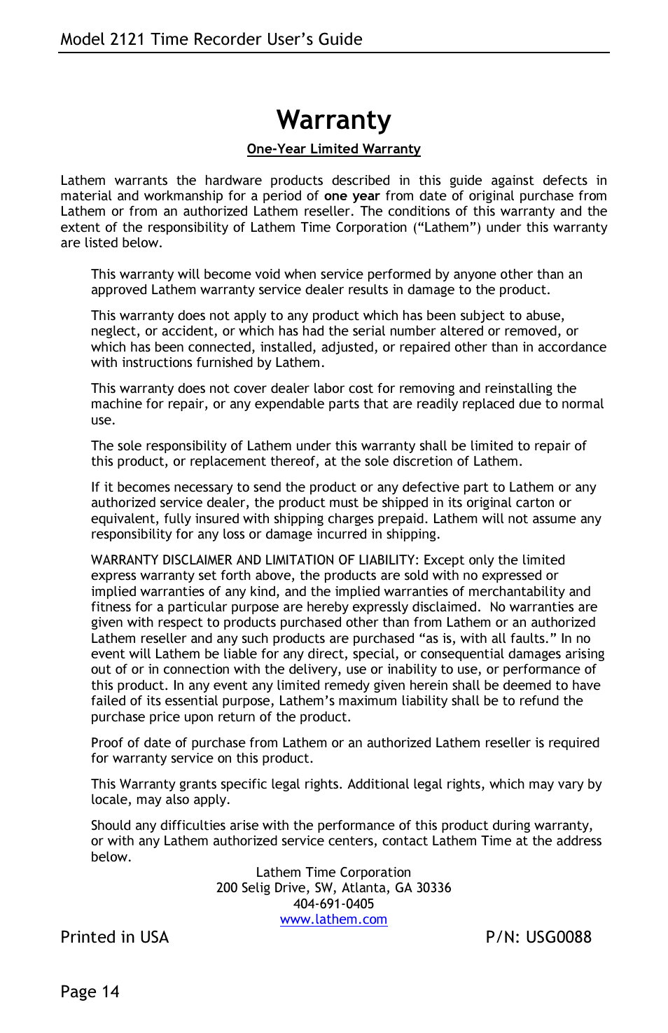 Warranty | Lathem 2121 User Manual | Page 16 / 16