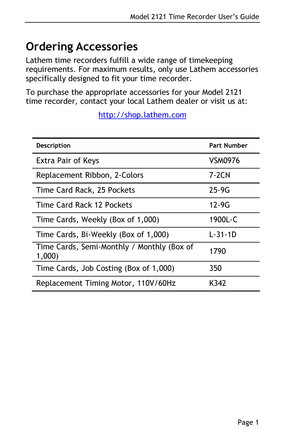 Ordering accessories | Lathem 2121 User Manual | Page 3 / 16