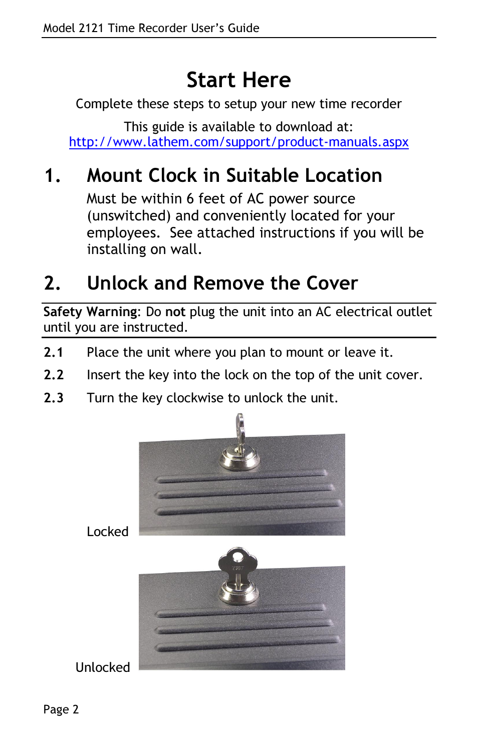 Start here, Mount clock in suitable location, Unlock and remove the cover | Lathem 2121 User Manual | Page 4 / 16