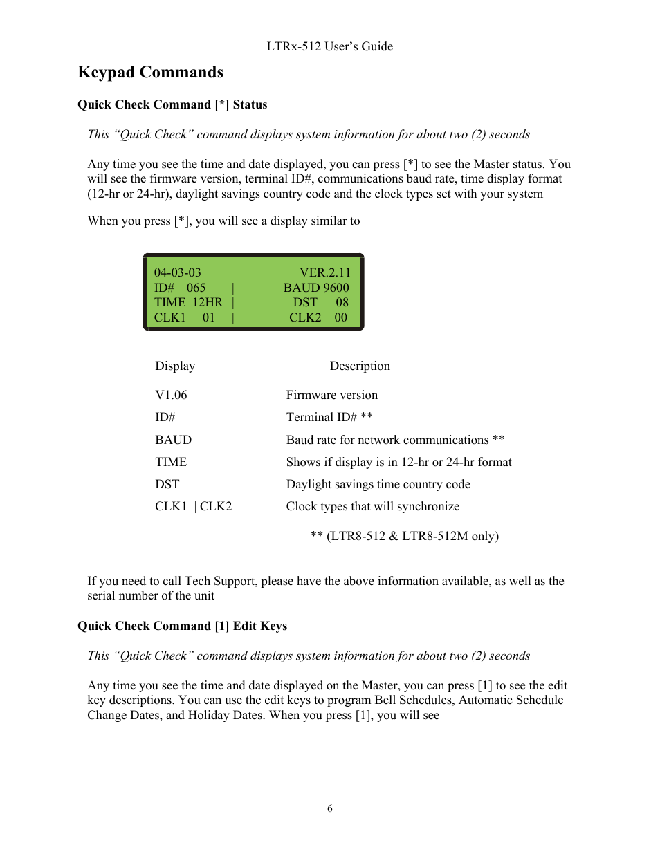 Eypad, Ommands, Quick check command [*] status | Quick check command [1] edit keys, Keypad commands | Lathem LTR4-512 User Manual | Page 6 / 23