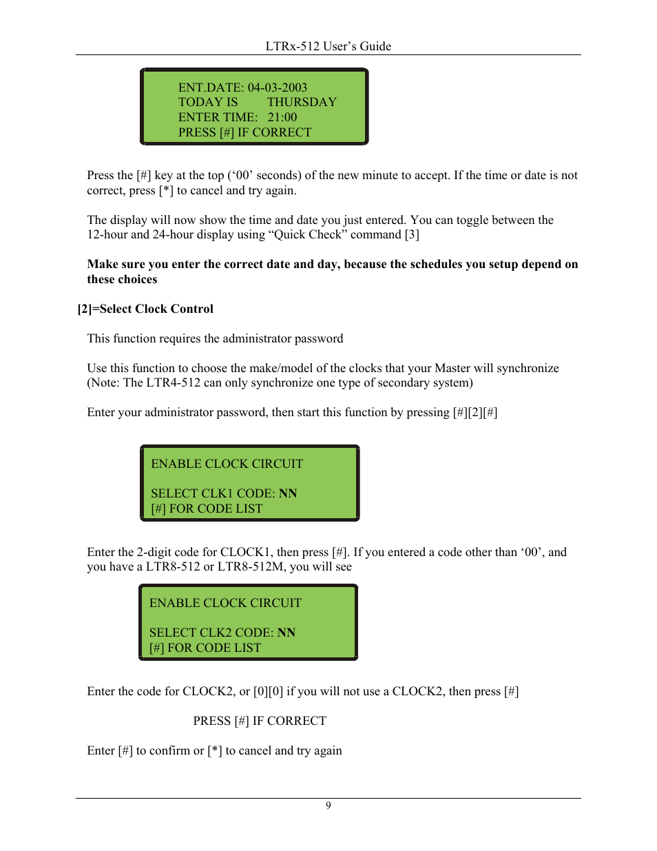 2]=select clock control | Lathem LTR4-512 User Manual | Page 9 / 23