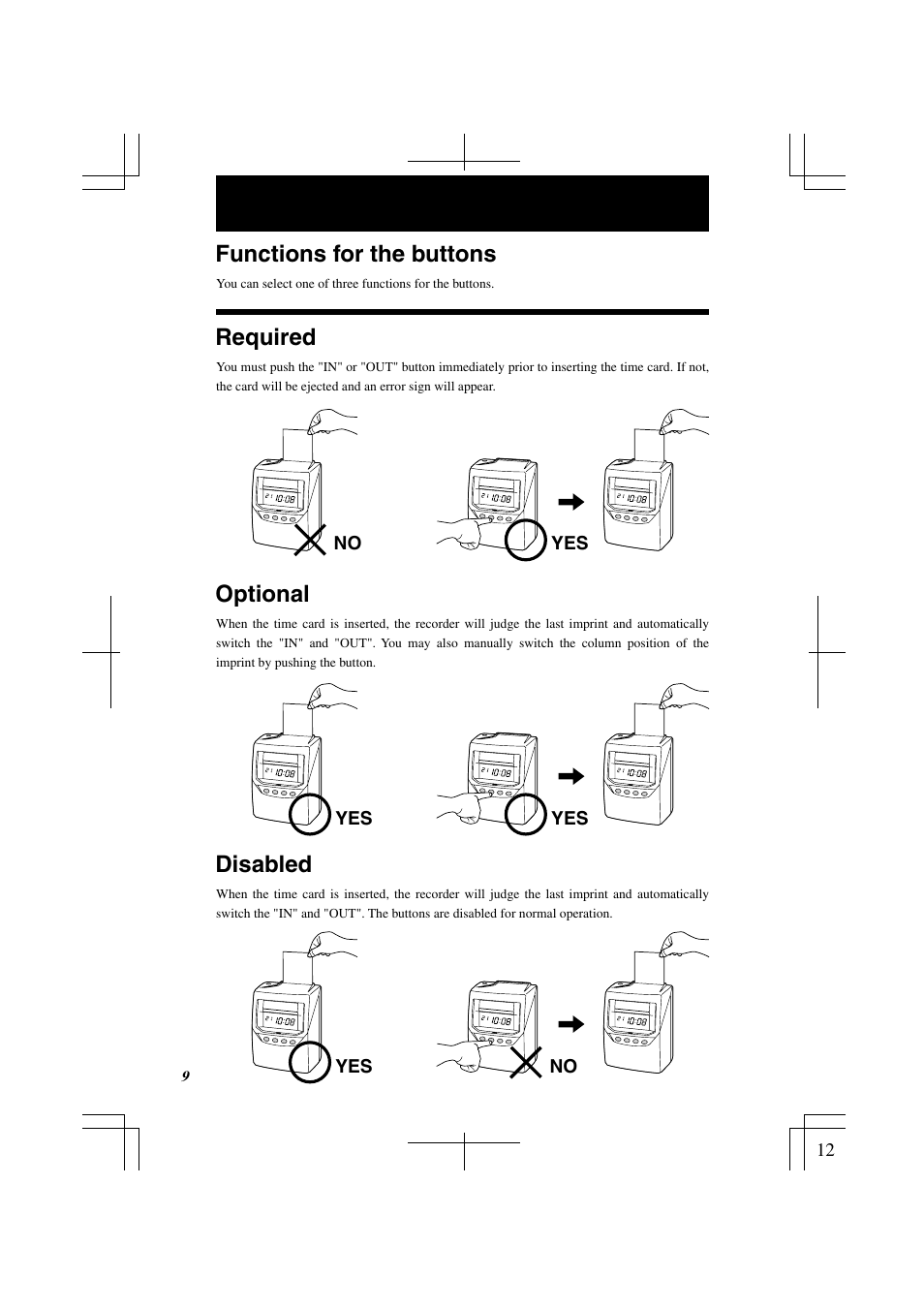 Functions for the buttons, Optional, Required | Disabled | Lathem 7000E User Manual | Page 12 / 44