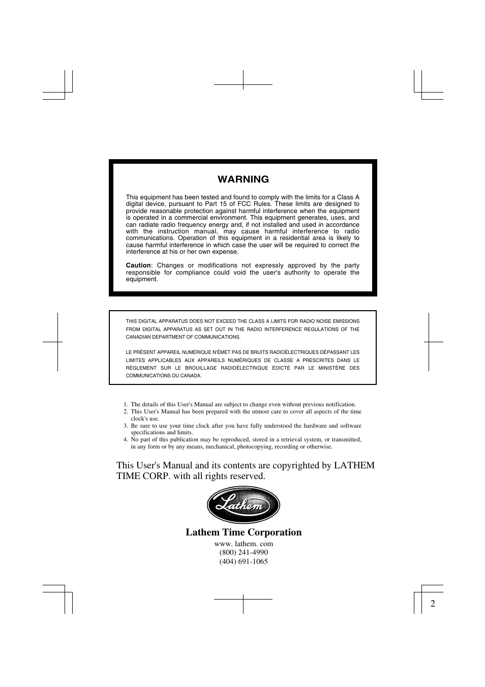 Lathem time corporation, Warning | Lathem 7000E User Manual | Page 2 / 44