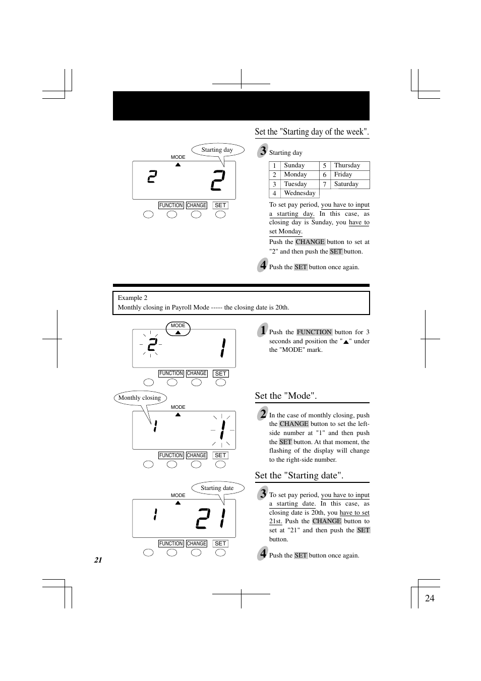 Set the "mode, Set the "starting date, Set the "starting day of the week | Lathem 7000E User Manual | Page 24 / 44