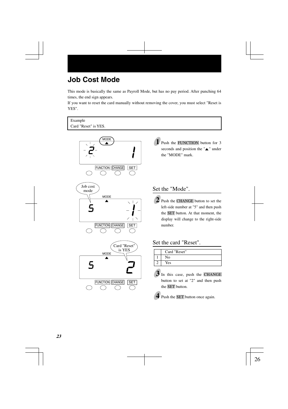 Job cost mode 1, Set the "mode, Set the card "reset | Lathem 7000E User Manual | Page 26 / 44