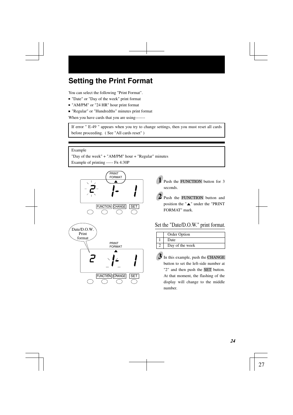 Setting the print format 1, Set the "date/d.o.w." print format | Lathem 7000E User Manual | Page 27 / 44