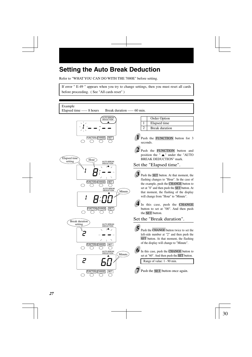 Setting the auto break deduction, Set the "break duration, Set the "elapsed time | Lathem 7000E User Manual | Page 30 / 44