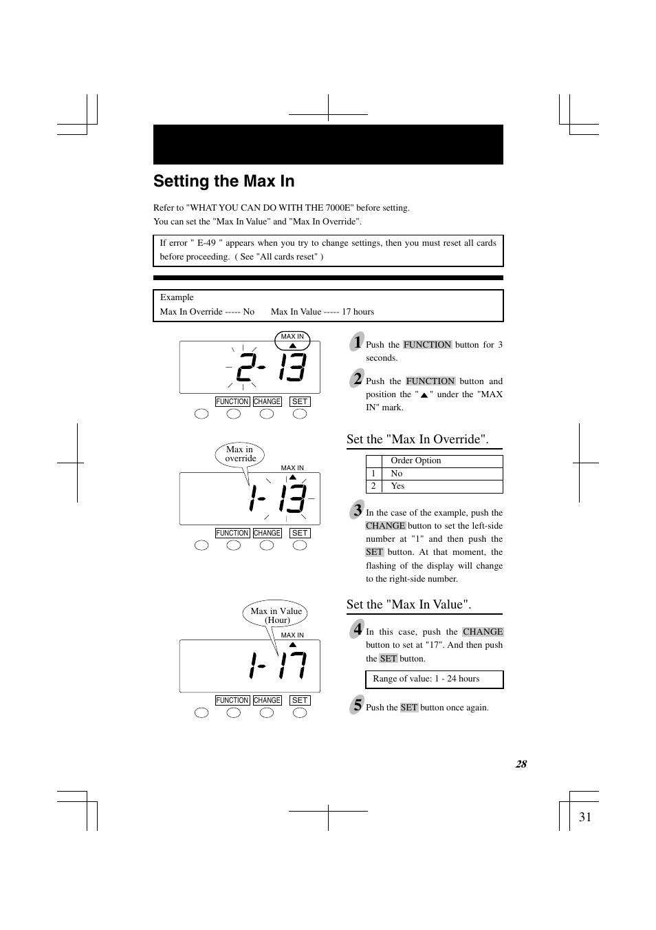 Setting the max in, Set the "max in override, Set the "max in value | Lathem 7000E User Manual | Page 31 / 44