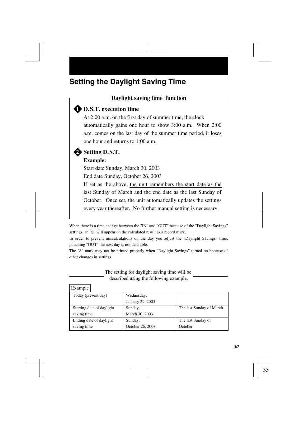 Setting the daylight saving time, Daylight saving time function, D. s.t. execution time | Setting d. s.t | Lathem 7000E User Manual | Page 33 / 44