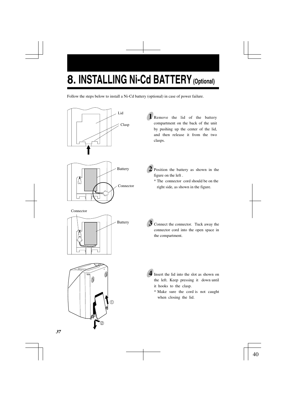 Installing ni-cd battery, Optional) | Lathem 7000E User Manual | Page 40 / 44