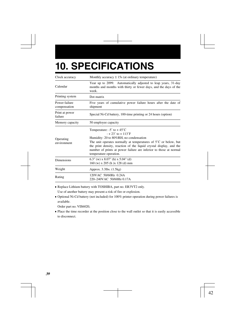 Specifications | Lathem 7000E User Manual | Page 42 / 44