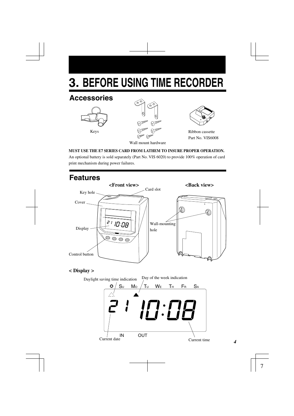 Before using time recorder, Features, Accessories | Lathem 7000E User Manual | Page 7 / 44