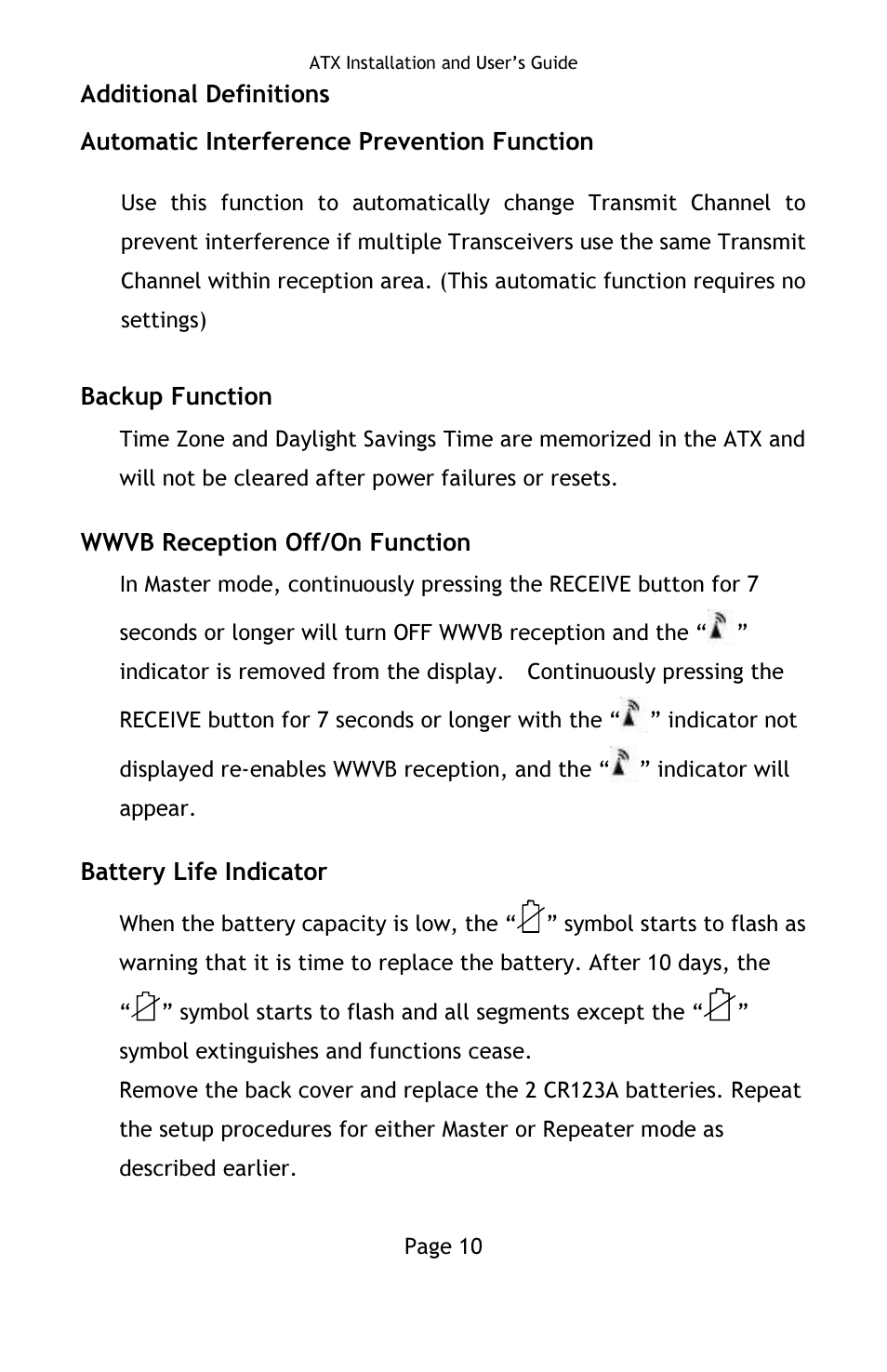 Backup function, Wwvb reception off/on function, Battery life indicator | Lathem ATX User Manual | Page 15 / 20