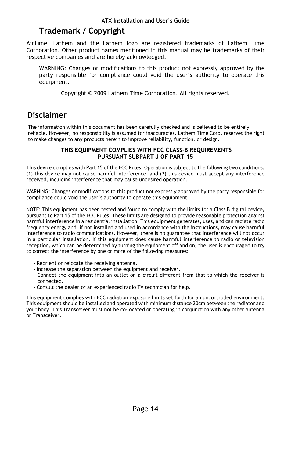 Trademark / copyright, Disclaimer, Page 14 | Lathem ATX User Manual | Page 19 / 20