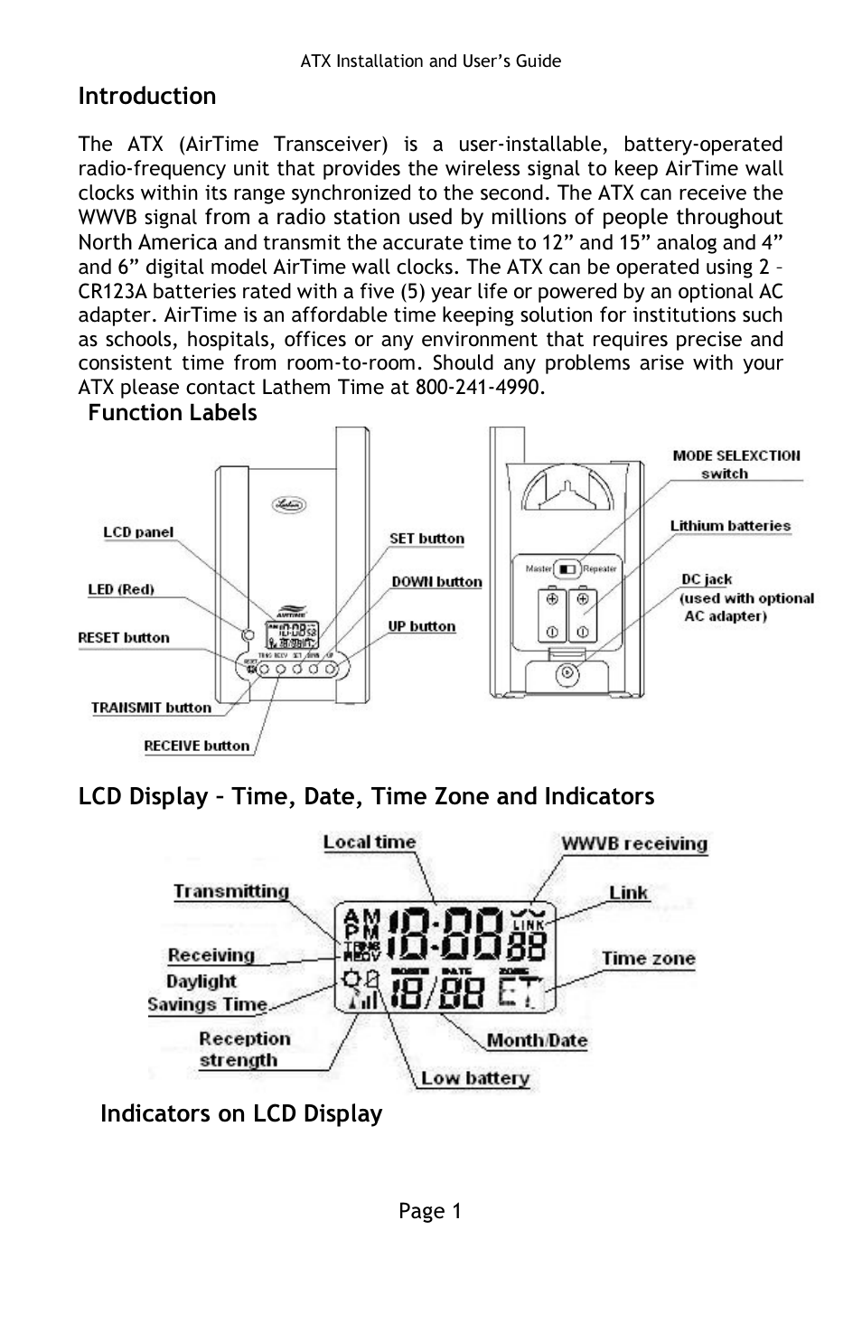 Introduction, Lcd display – time, date, time zone and indicators, Indicators on lcd display | Lathem ATX User Manual | Page 3 / 20