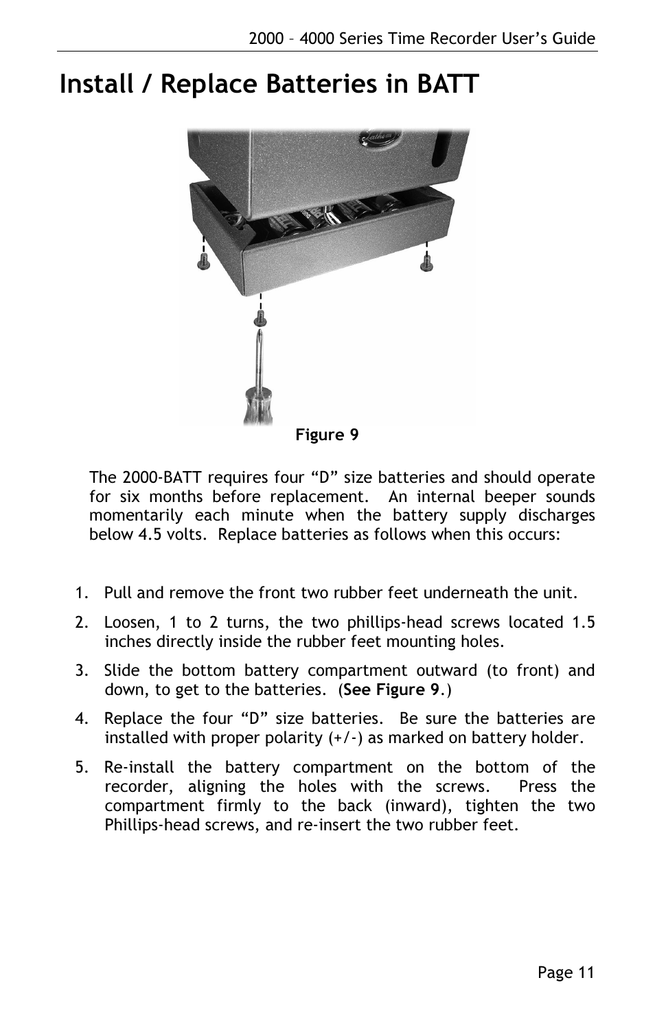 Install / replace batteries in batt | Lathem 4000 User Manual | Page 13 / 16