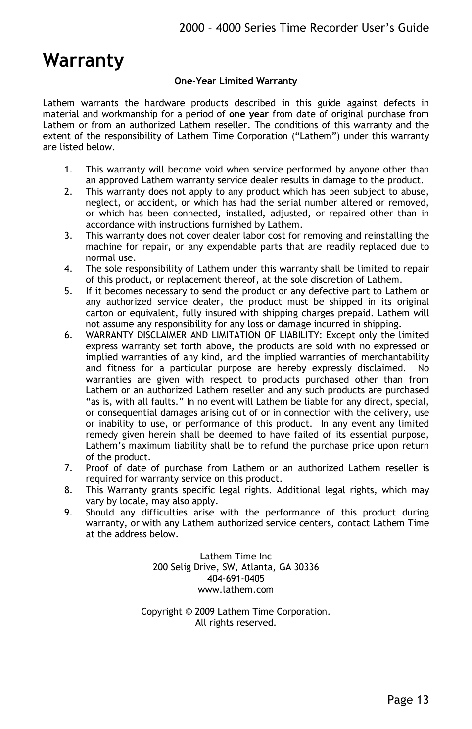 Warranty, Page 13 | Lathem 4000 User Manual | Page 15 / 16