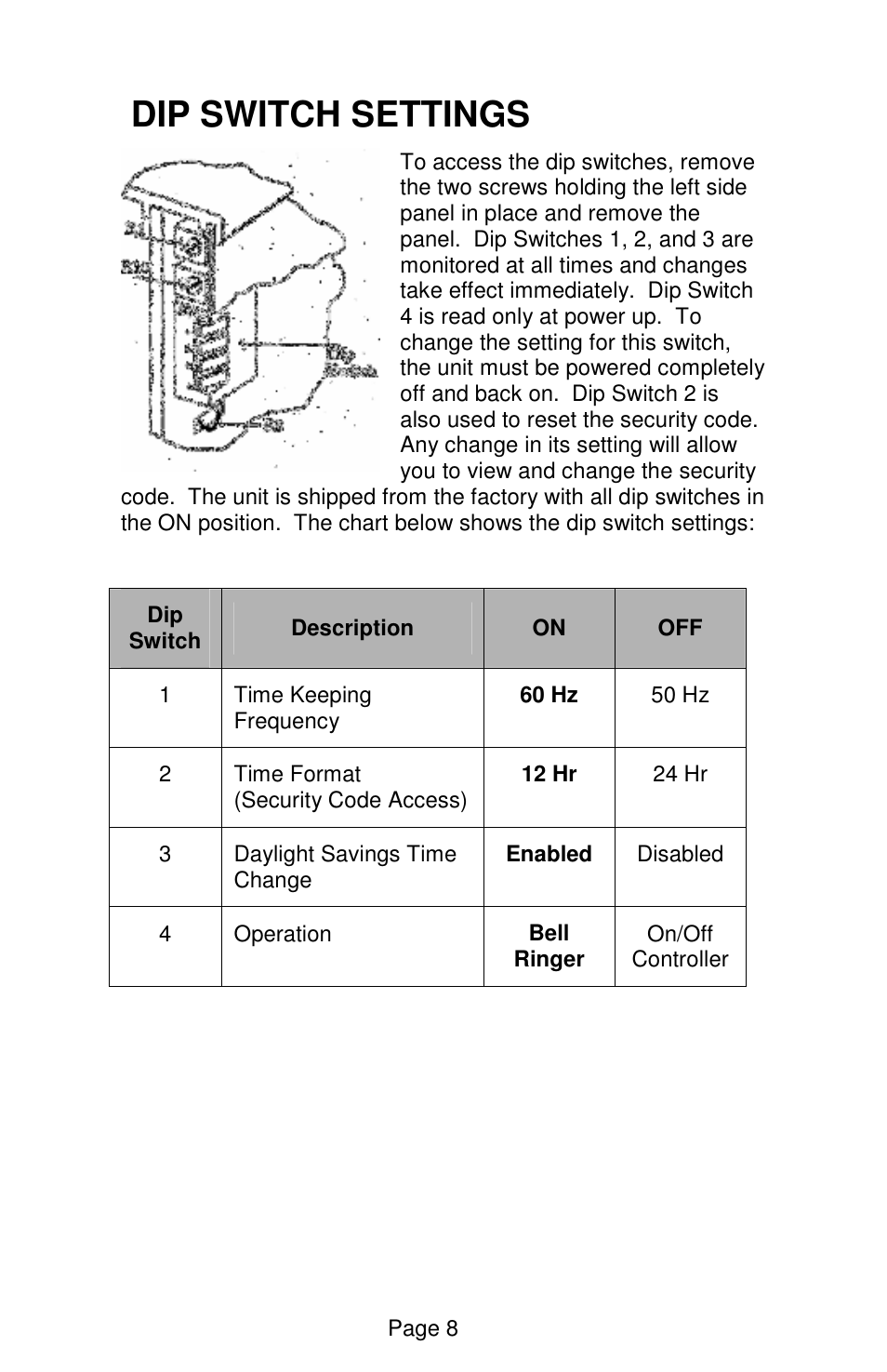 Dip switch settings | Lathem Sonachron DWA-S User Manual | Page 11 / 28