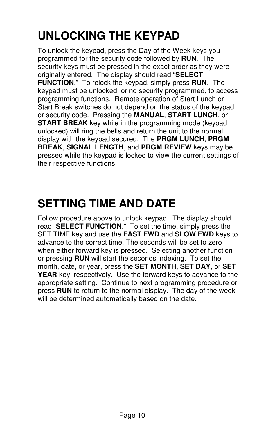 Unlocking the keypad, Setting time and date | Lathem Sonachron DWA-S User Manual | Page 13 / 28